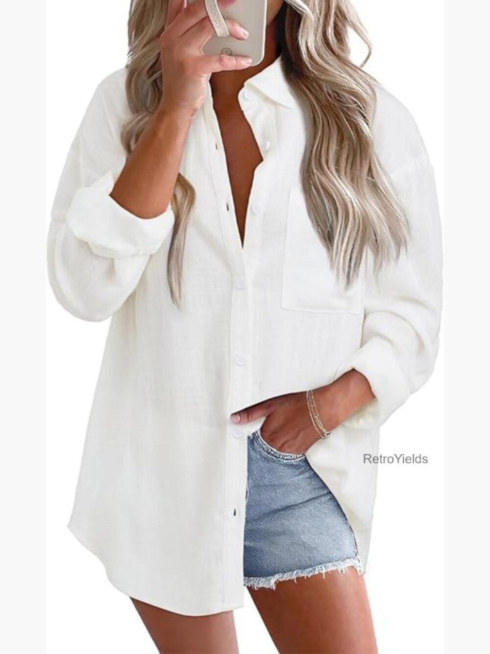 Cotton Linen Button Down Shirt Loose Fit V Neck Long Sleeve Blouse